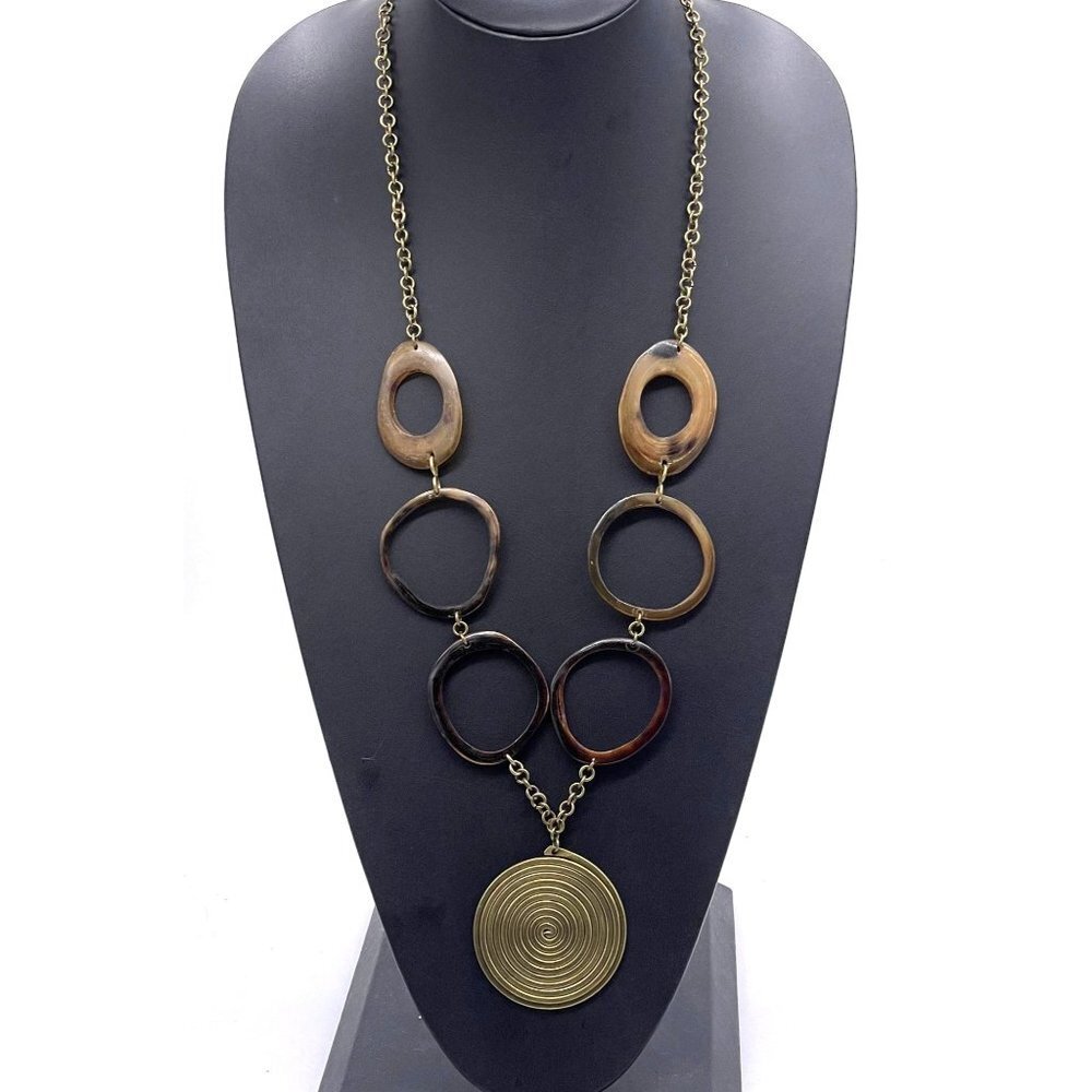 Spiral Circle Panel Chain Long Necklace 18 Inches Gold Tone